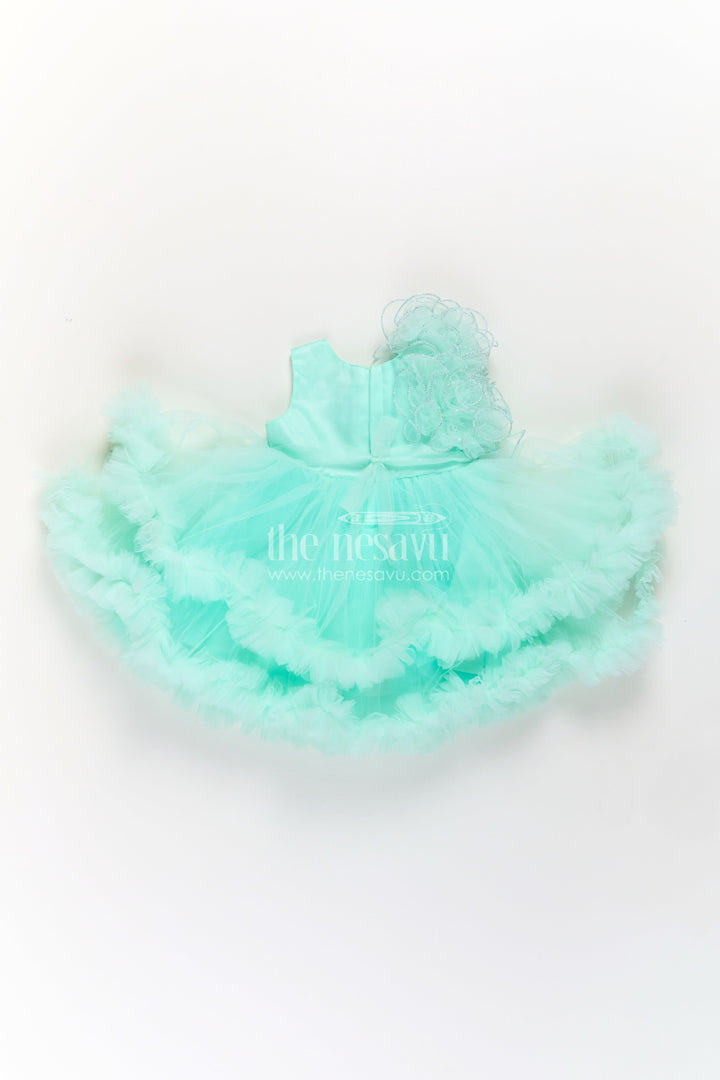Green Party Dress for Girls in Net with Ruffle Layers and Sequin Embellished Floral Yoke