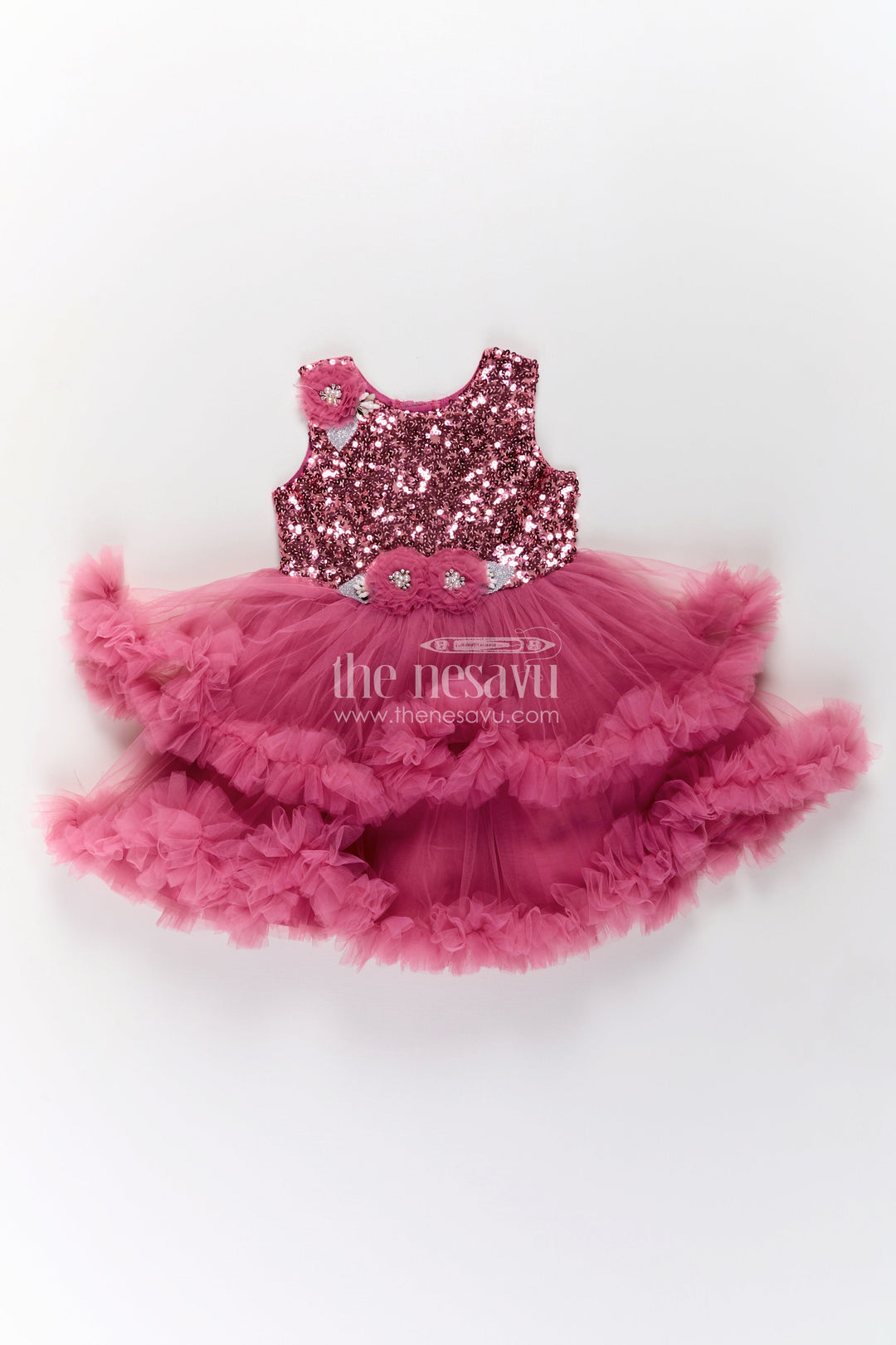 Pink Party Wear Dress for Girls in Net with Sequin Bodice and Frill Layered Skirt