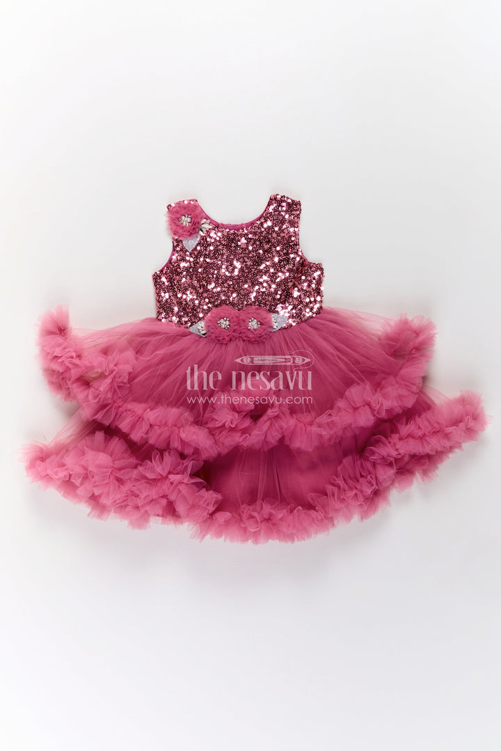 Pink Party Wear Dress for Girls in Net with Sequin Bodice and Frill Layered Skirt