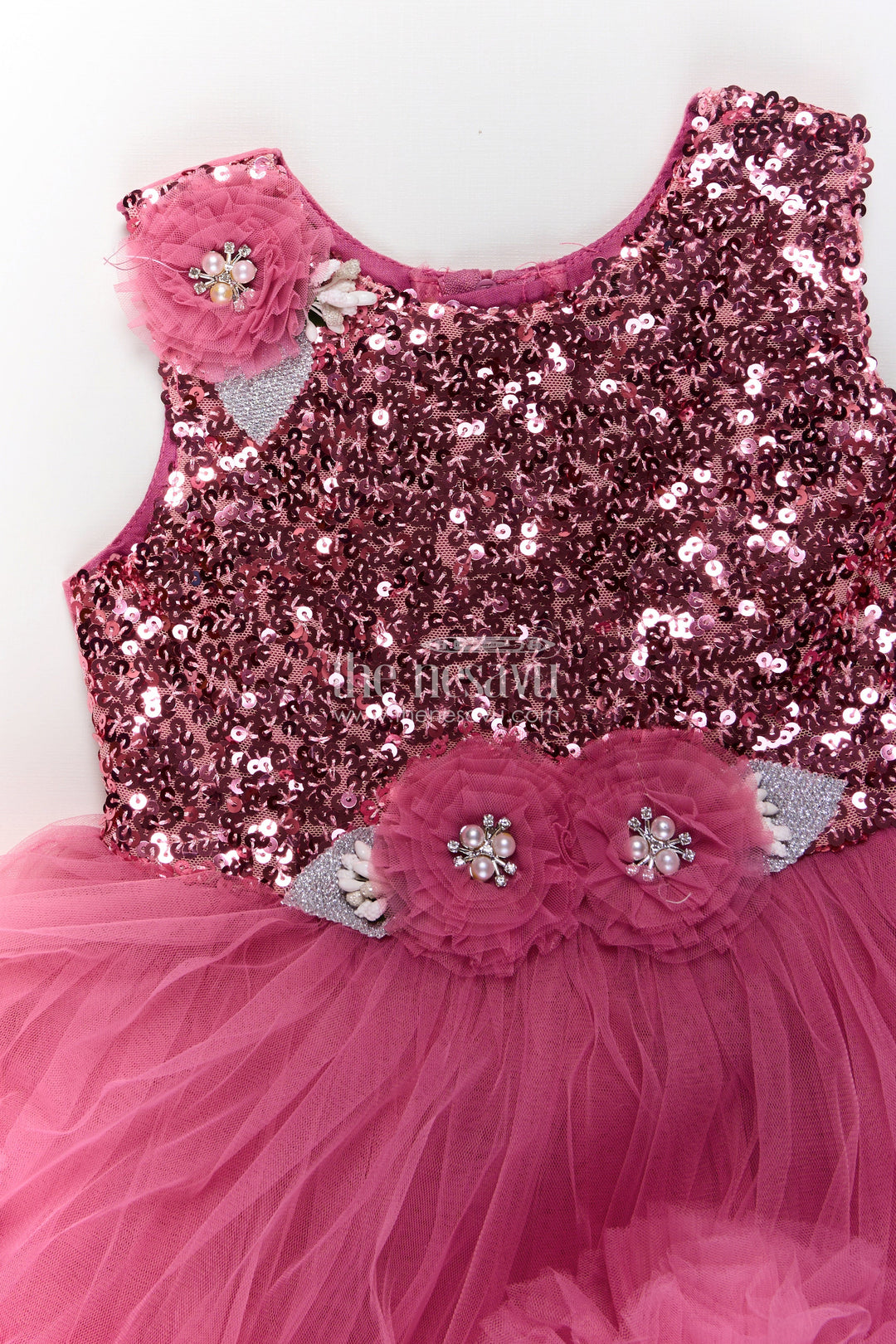 Pink Party Wear Dress for Girls in Net with Sequin Bodice and Frill Layered Skirt