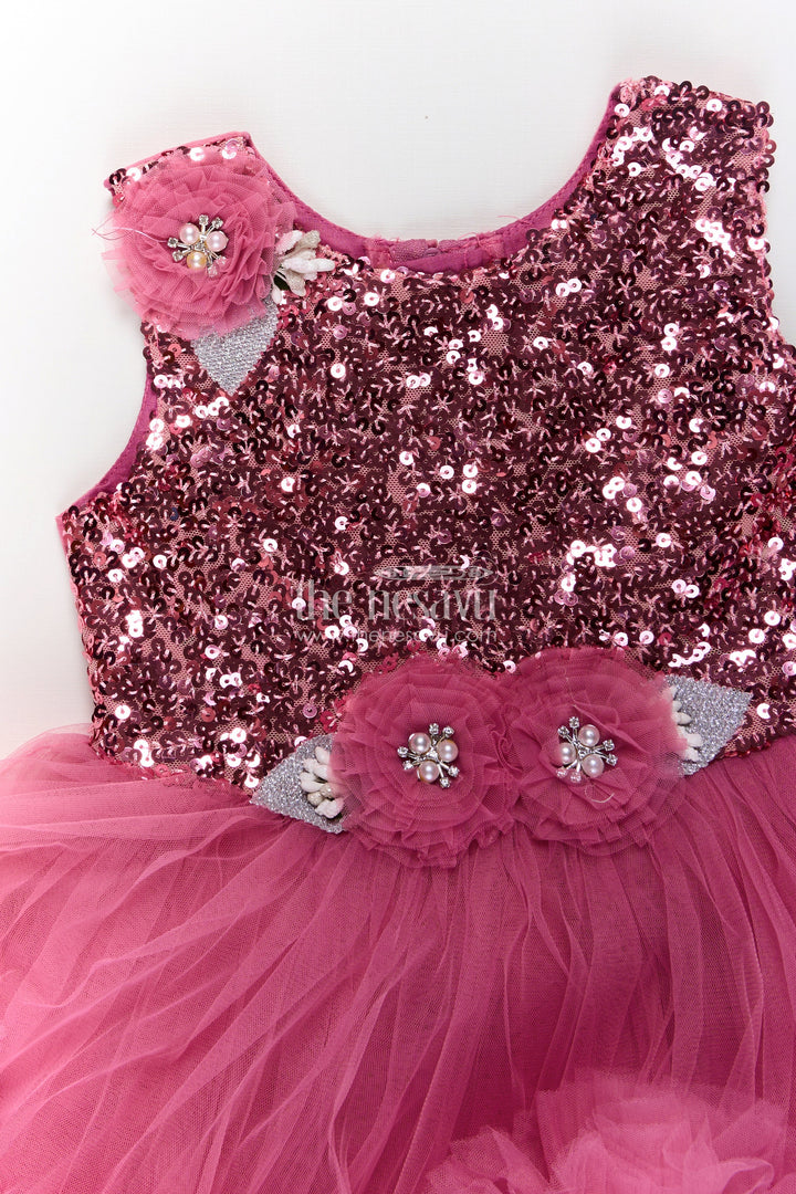 Pink Party Wear Dress for Girls in Net with Sequin Bodice and Frill Layered Skirt