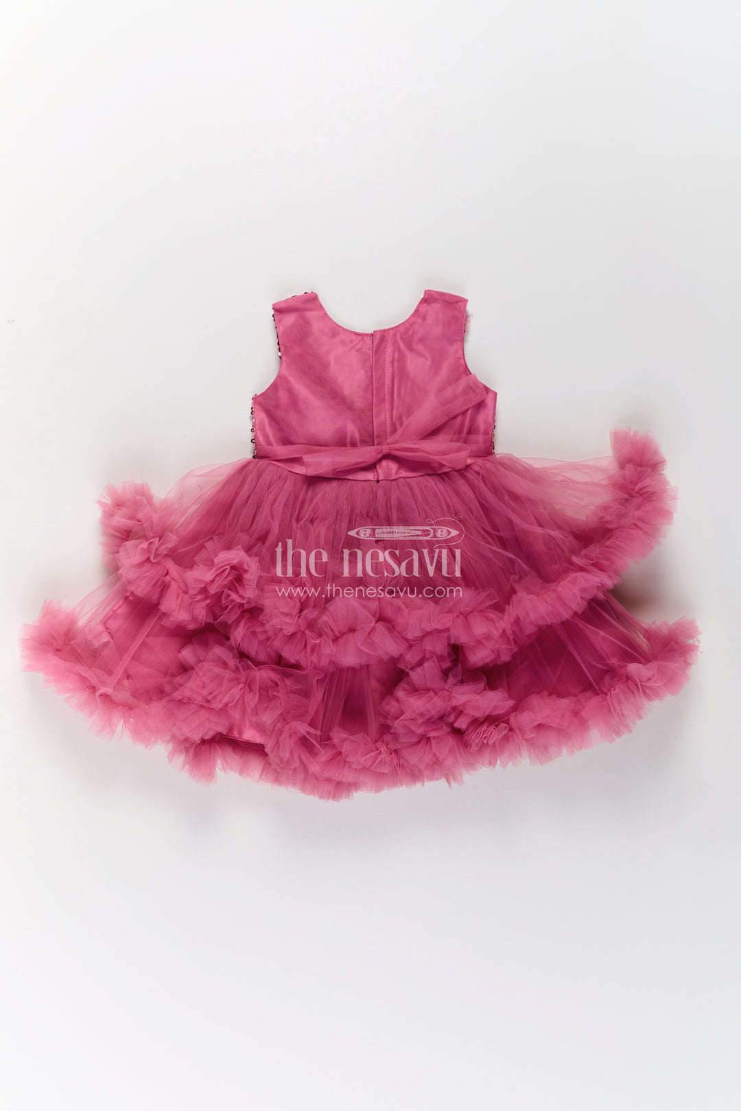 Pink Party Wear Dress for Girls in Net with Sequin Bodice and Frill Layered Skirt