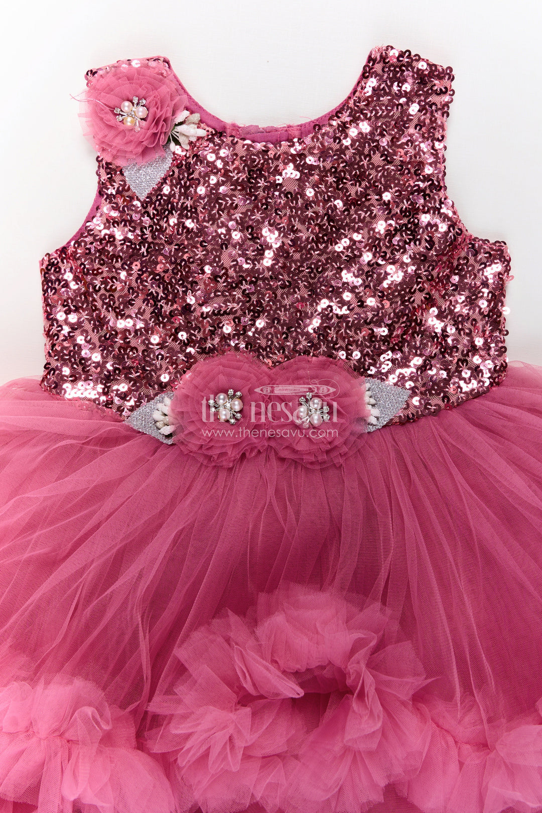 Pink Party Wear Dress for Girls in Net with Sequin Bodice and Frill Layered Skirt