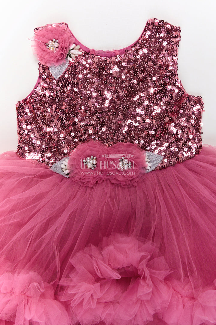 Pink Party Wear Dress for Girls in Net with Sequin Bodice and Frill Layered Skirt