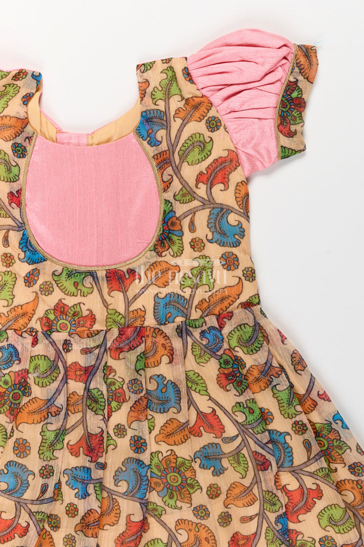 Girls Chanderi Cotton Fashion Dress with Pink Puff Sleeves and Colorful Floral Print for Everyday Charm