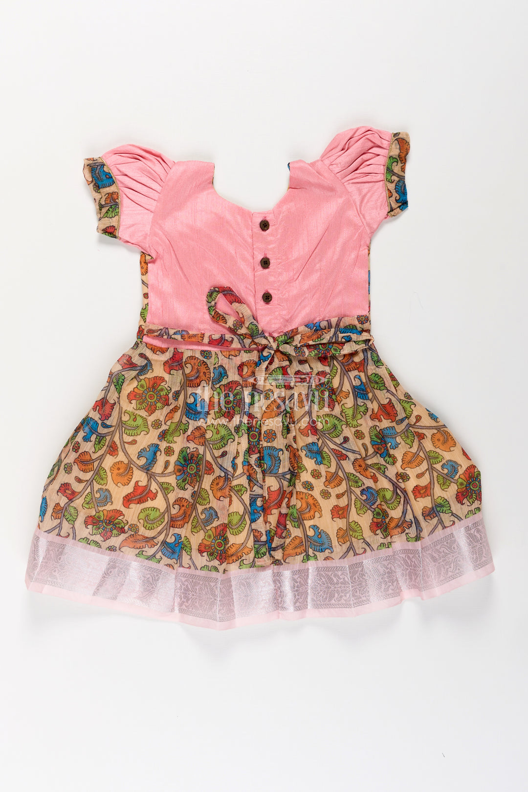 Girls Chanderi Cotton Fashion Dress with Pink Puff Sleeves and Colorful Floral Print for Everyday Charm