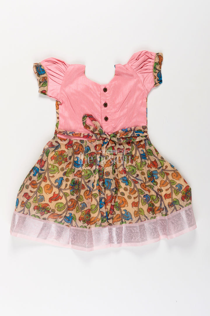 Girls Chanderi Cotton Fashion Dress with Pink Puff Sleeves and Colorful Floral Print for Everyday Charm