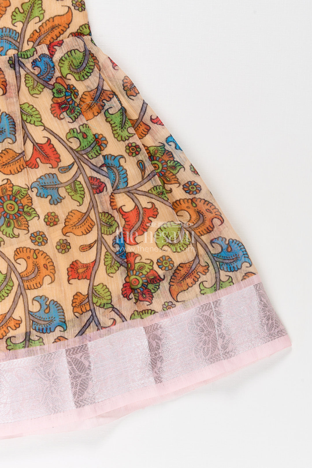Girls Chanderi Cotton Fashion Dress with Pink Puff Sleeves and Colorful Floral Print for Everyday Charm