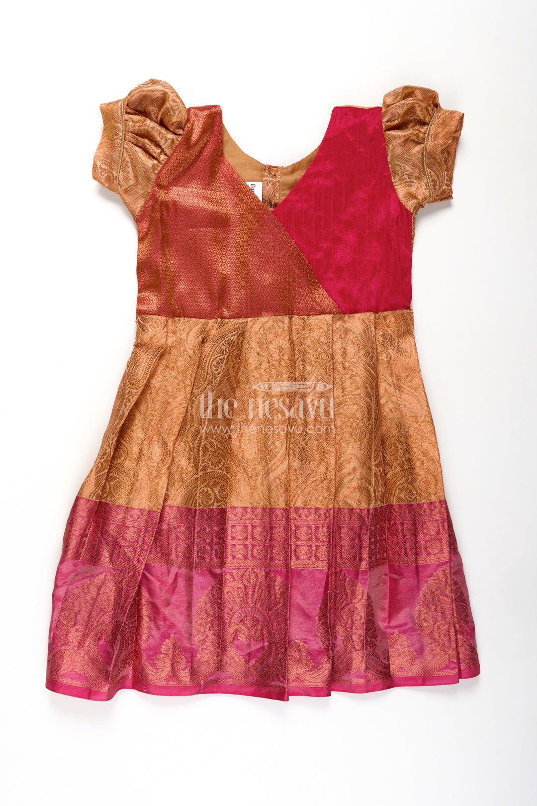 Girls Semi Silk Orange Silk Frock with Magenta Pin-Tuck Yoke and Bold Jacquard Hem Border
