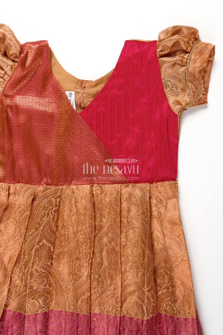 Girls Semi Silk Orange Silk Frock with Magenta Pin-Tuck Yoke and Bold Jacquard Hem Border