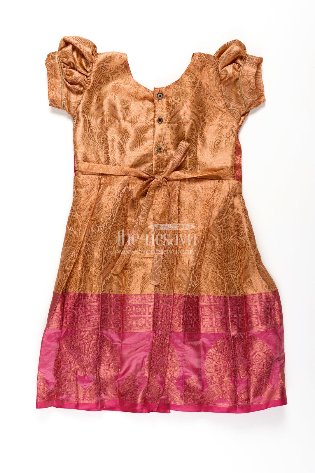 Girls Semi Silk Orange Silk Frock with Magenta Pin-Tuck Yoke and Bold Jacquard Hem Border