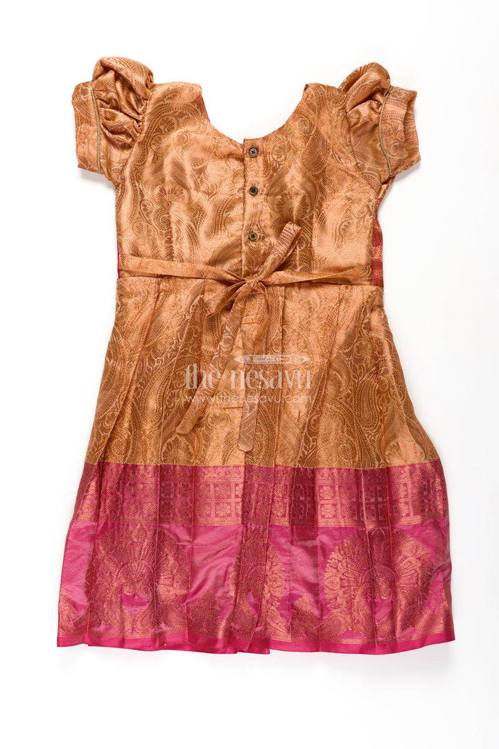 Girls Semi Silk Orange Silk Frock with Magenta Pin-Tuck Yoke and Bold Jacquard Hem Border