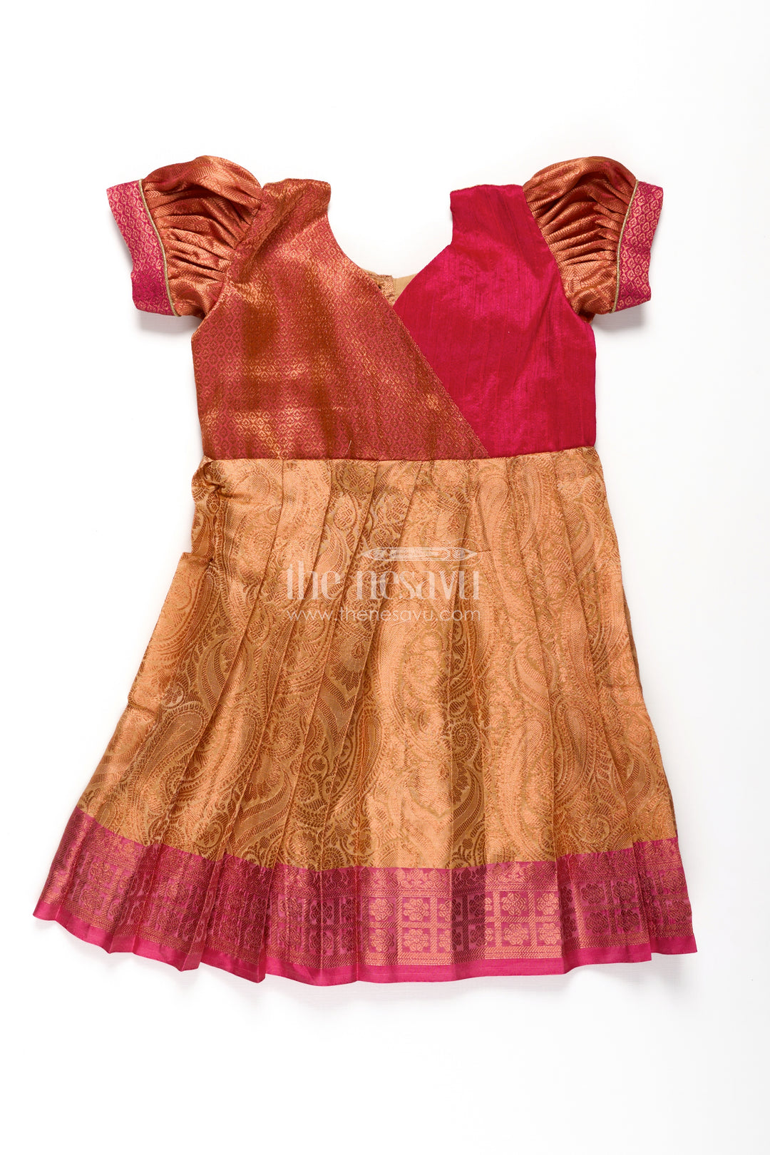 Girls Semi Silk Orange Colour Silk Frock with Pin-Tuck Yoke and Traditional Pleated Design
