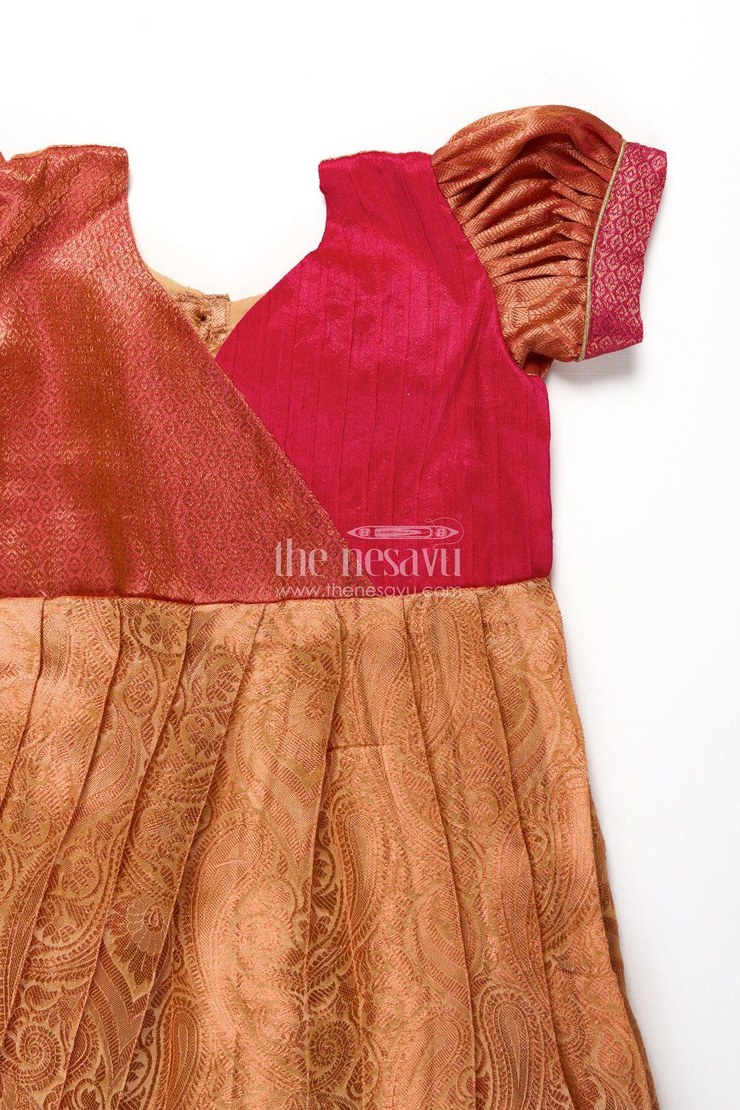 Girls Semi Silk Orange Colour Silk Frock with Pin-Tuck Yoke and Traditional Pleated Design