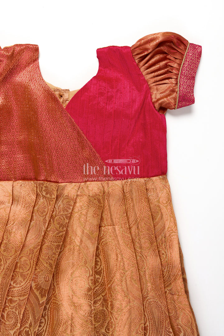 Girls Semi Silk Orange Colour Silk Frock with Pin-Tuck Yoke and Traditional Pleated Design