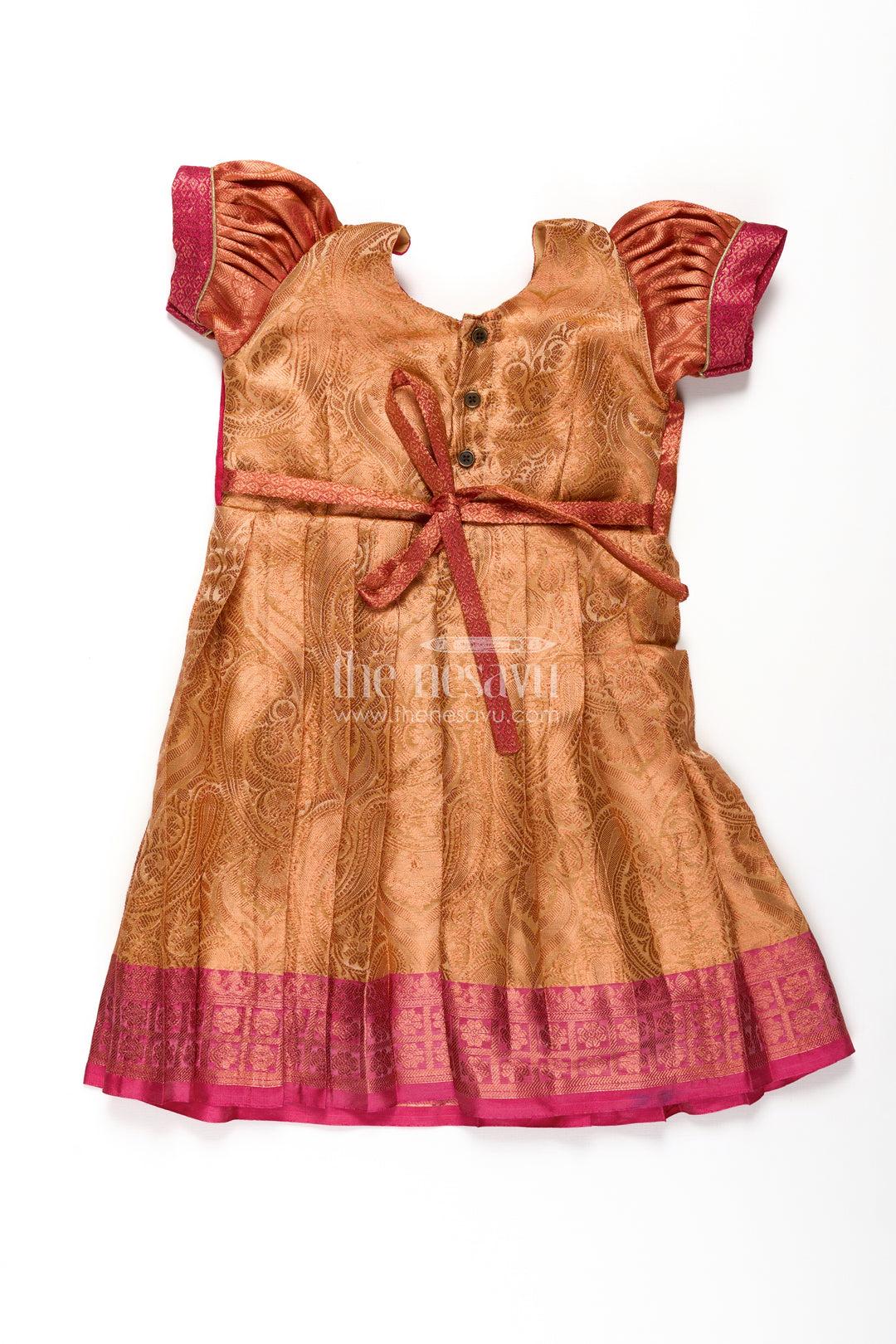 Girls Semi Silk Orange Colour Silk Frock with Pin-Tuck Yoke and Traditional Pleated Design