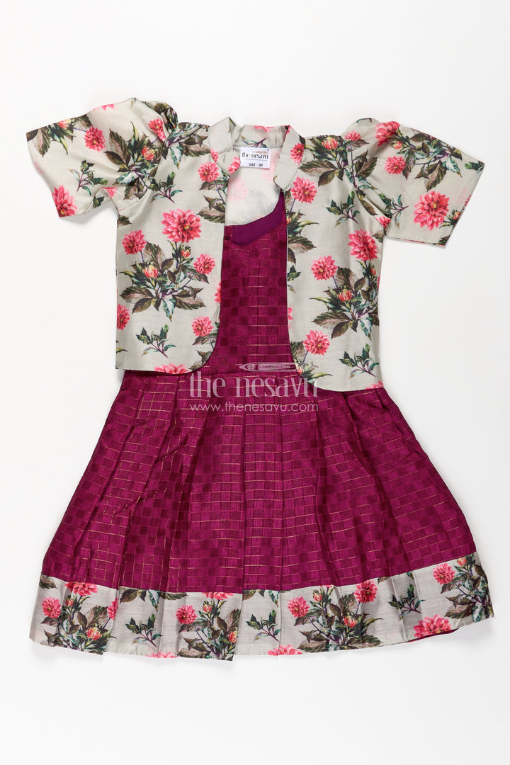 Girls Violet Frock in Silk Cotton with Floral Chanderi Overcoat and Contrasting Skirt Borders