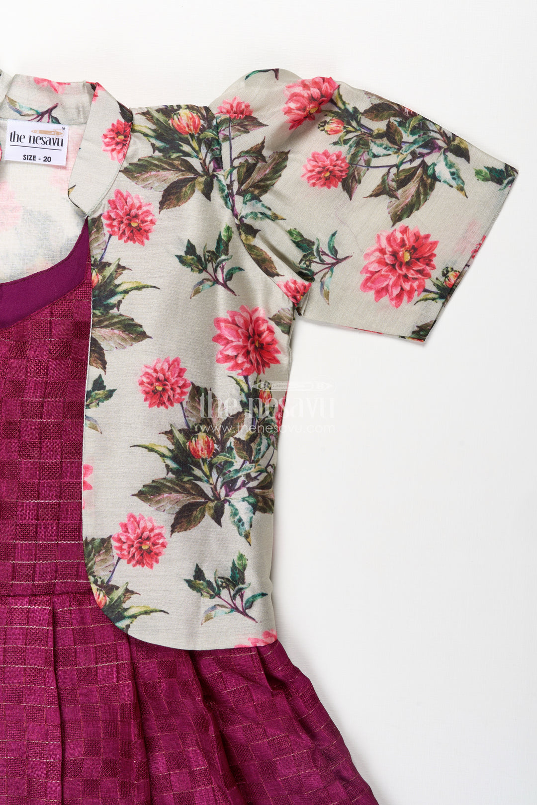 Girls Violet Frock in Silk Cotton with Floral Chanderi Overcoat and Contrasting Skirt Borders