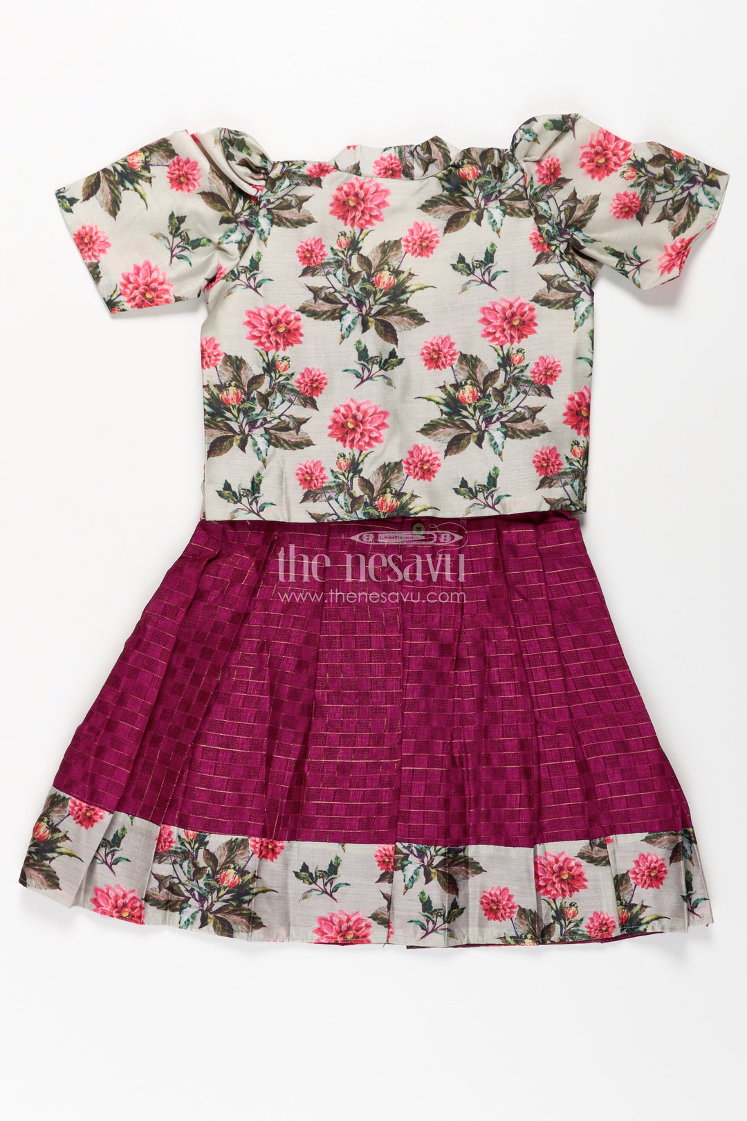 Girls Violet Frock in Silk Cotton with Floral Chanderi Overcoat and Contrasting Skirt Borders