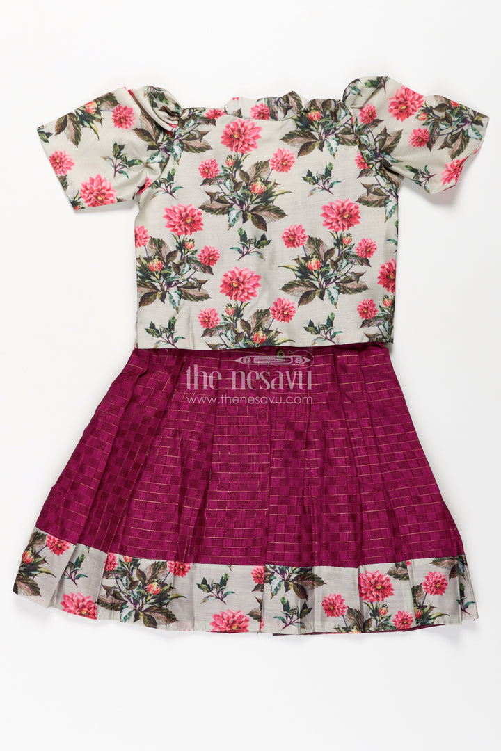 Girls Violet Frock in Silk Cotton with Floral Chanderi Overcoat and Contrasting Skirt Borders