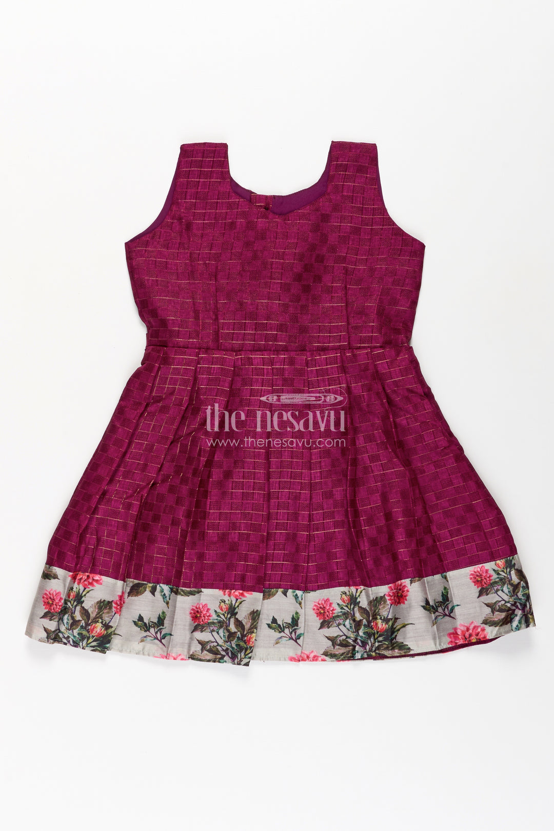 Girls Violet Frock in Silk Cotton with Floral Chanderi Overcoat and Contrasting Skirt Borders