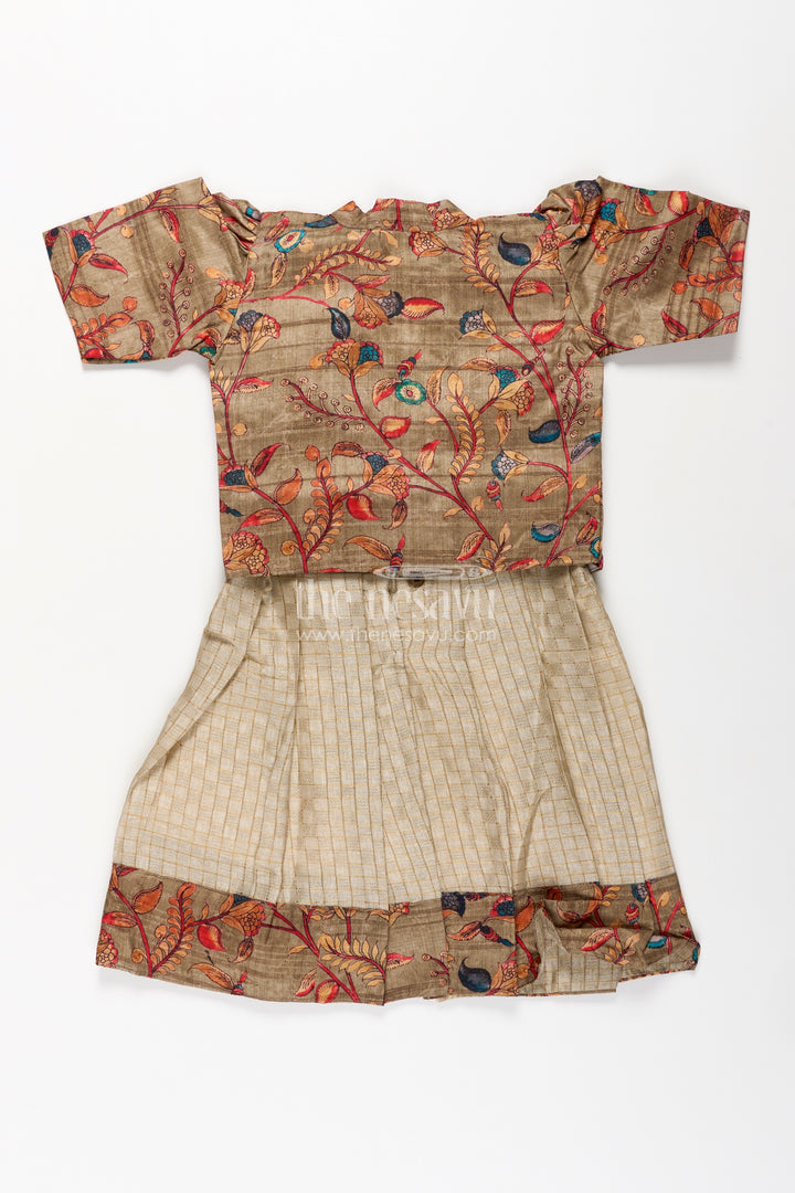 Girls Silk Cotton Frock with Frills and Printed Chanderi Overcoat in Earthy Beige and Multicolor Accents