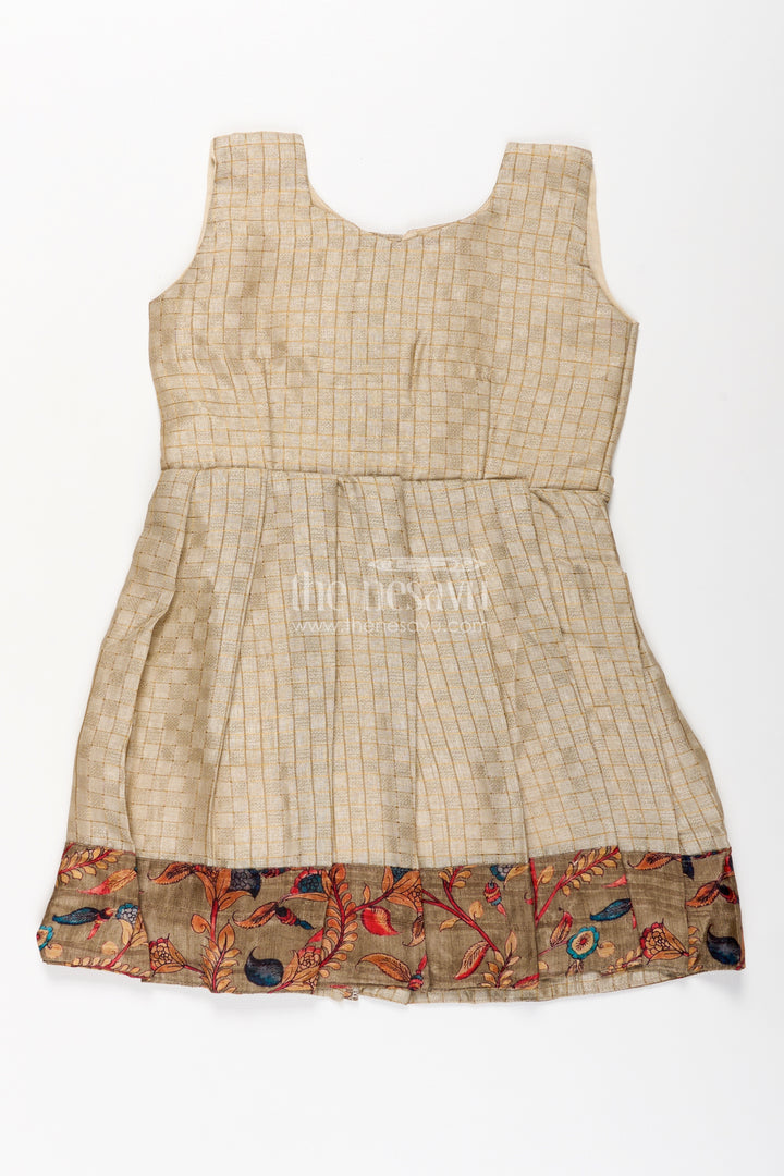 Girls Silk Cotton Frock with Frills and Printed Chanderi Overcoat in Earthy Beige and Multicolor Accents