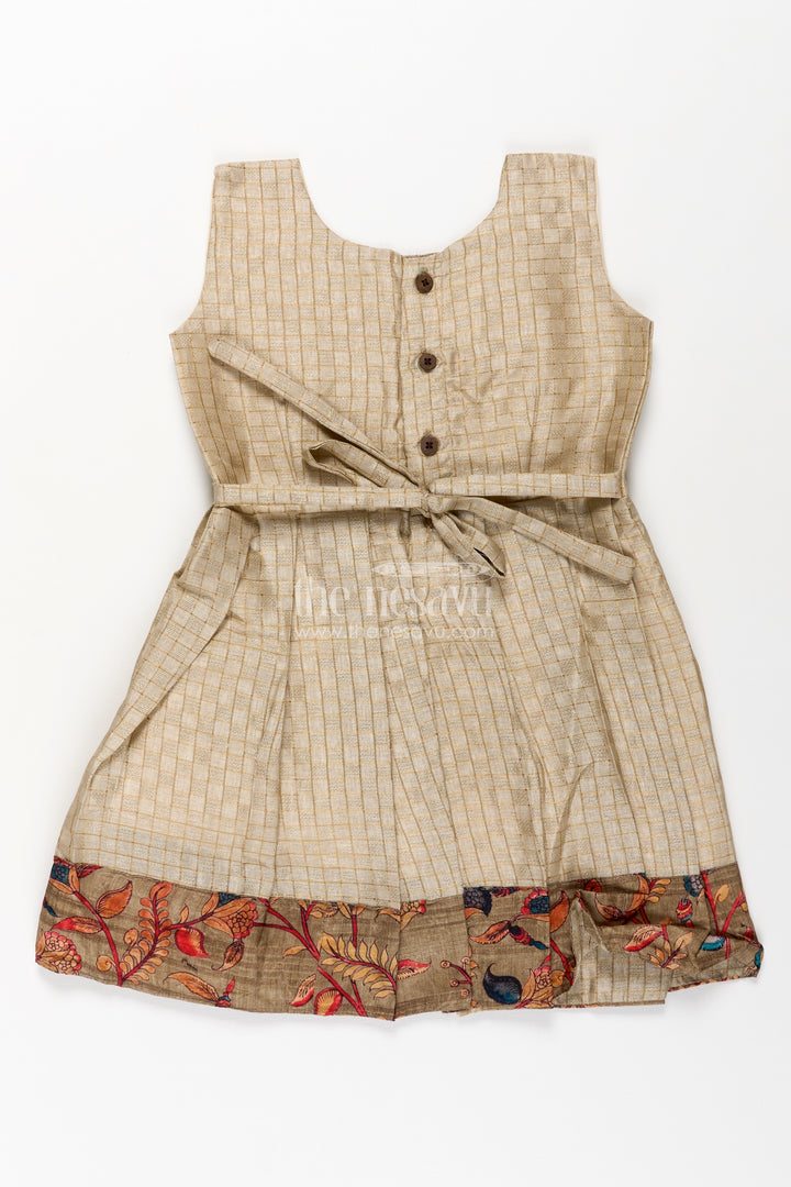 Girls Silk Cotton Frock with Frills and Printed Chanderi Overcoat in Earthy Beige and Multicolor Accents