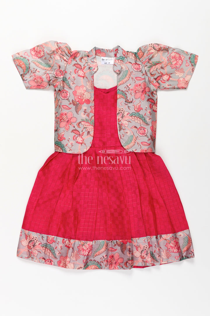 Girls Silk Cotton Red Floral Frock with Printed Chanderi Jacket and Elegant Pleated Skirt