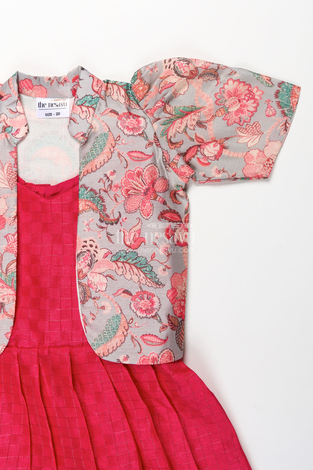 Girls Silk Cotton Red Floral Frock with Printed Chanderi Jacket and Elegant Pleated Skirt