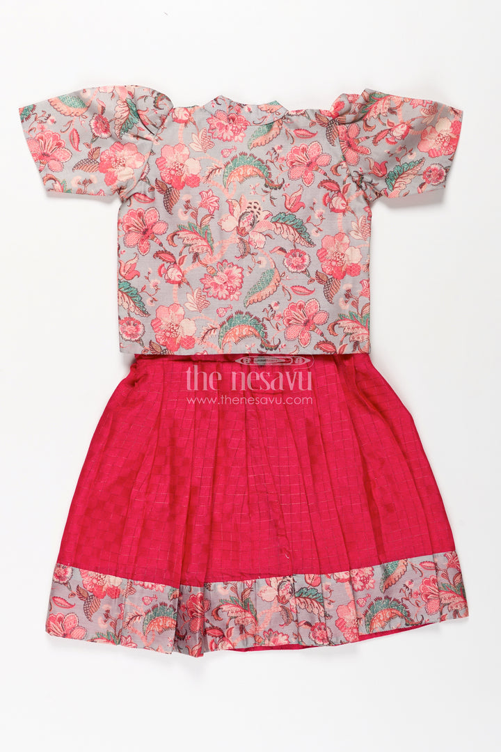 Girls Silk Cotton Red Floral Frock with Printed Chanderi Jacket and Elegant Pleated Skirt