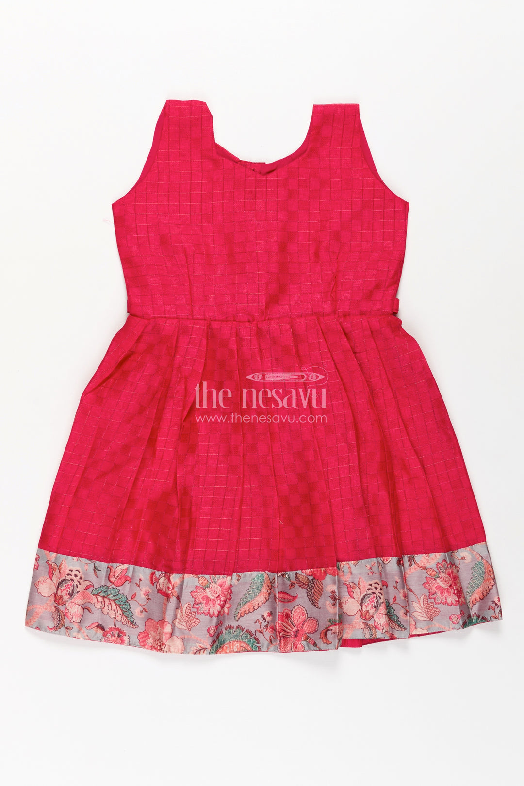 Girls Silk Cotton Red Floral Frock with Printed Chanderi Jacket and Elegant Pleated Skirt