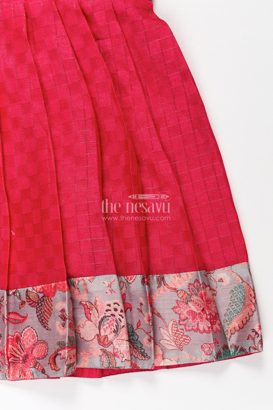 Girls Silk Cotton Red Floral Frock with Printed Chanderi Jacket and Elegant Pleated Skirt