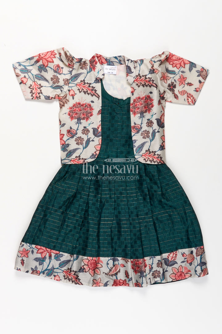 Girls Silk Frock for Baby in Deep Green with Floral Chanderi Jacket and Soft Pleated Skirt