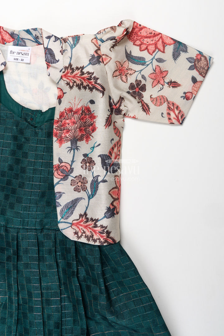 Girls Silk Frock for Baby in Deep Green with Floral Chanderi Jacket and Soft Pleated Skirt