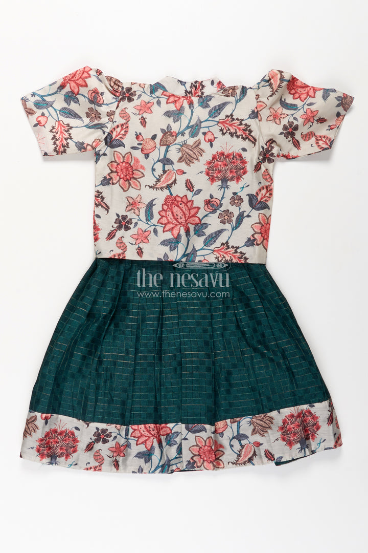 Girls Silk Frock for Baby in Deep Green with Floral Chanderi Jacket and Soft Pleated Skirt