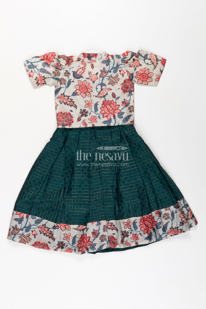 Girls Silk Frock for Baby in Deep Green with Floral Chanderi Jacket and Soft Pleated Skirt