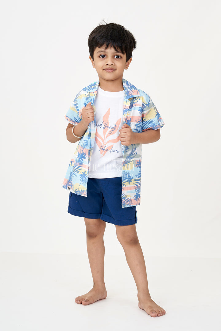 Boys Casual Dress Mens Outfits in Cotton with Tropical Print Shirt and Navy Shorts Combo