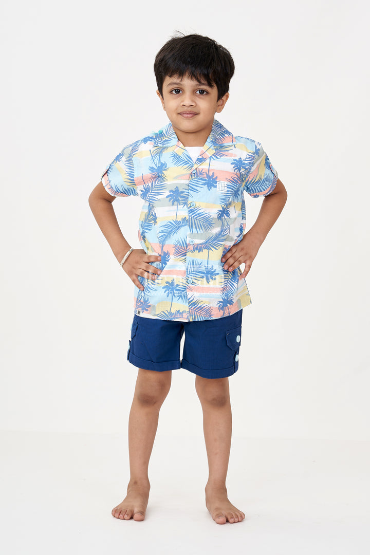 Boys Casual Dress Mens Outfits in Cotton with Tropical Print Shirt and Navy Shorts Combo