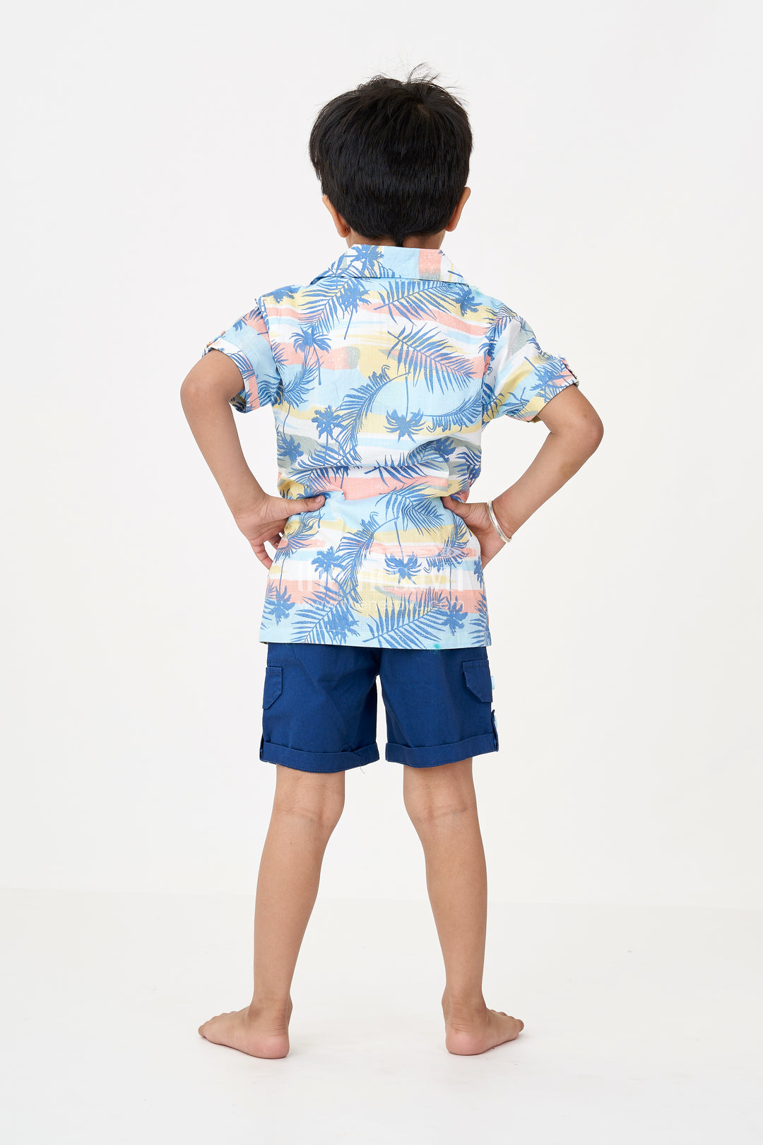 Boys Casual Dress Mens Outfits in Cotton with Tropical Print Shirt and Navy Shorts Combo