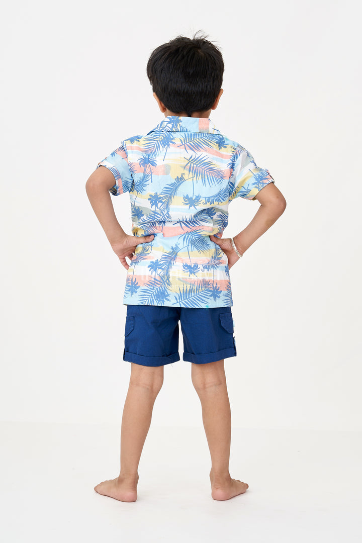 Boys Casual Dress Mens Outfits in Cotton with Tropical Print Shirt and Navy Shorts Combo