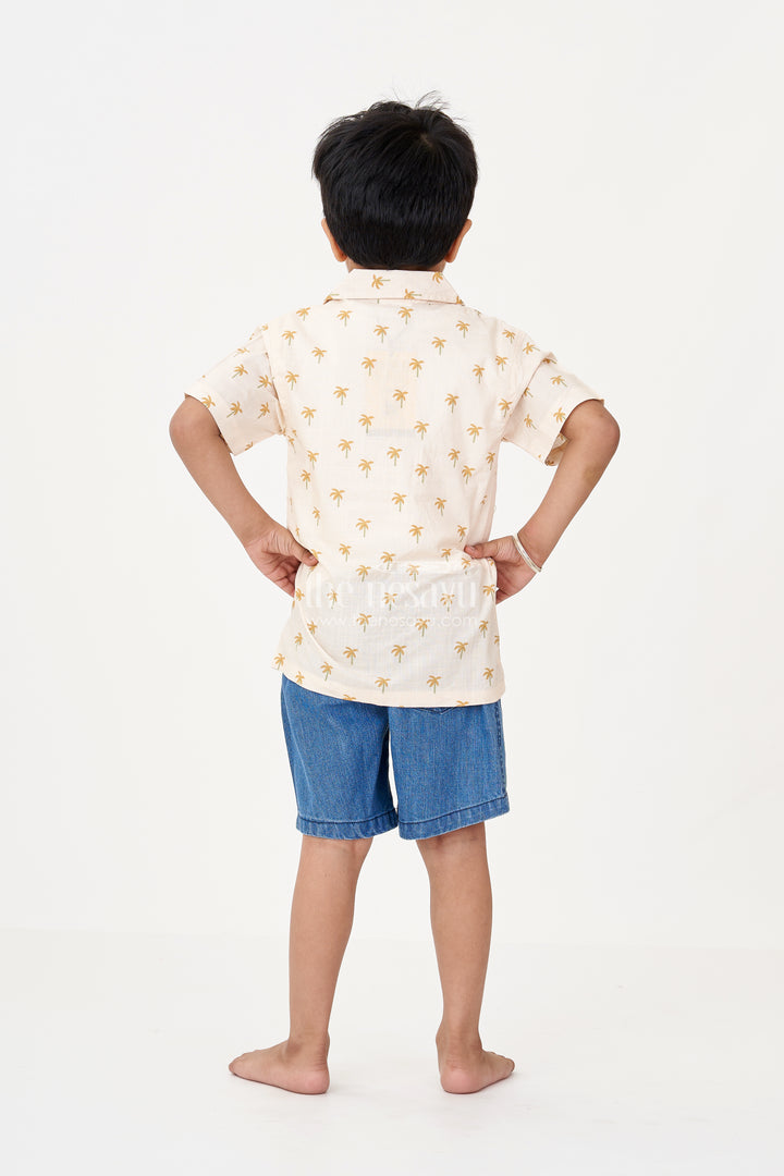 Boys Casual Pants and Jacket Set in Beige Cotton with Palm Tree Print and Denim Shorts
