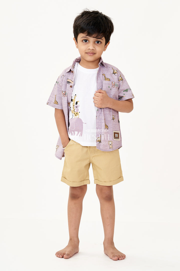 Boys Best Casual Wear Set with Animal Print Shirt White Tee and Mustard Shorts in Cotton