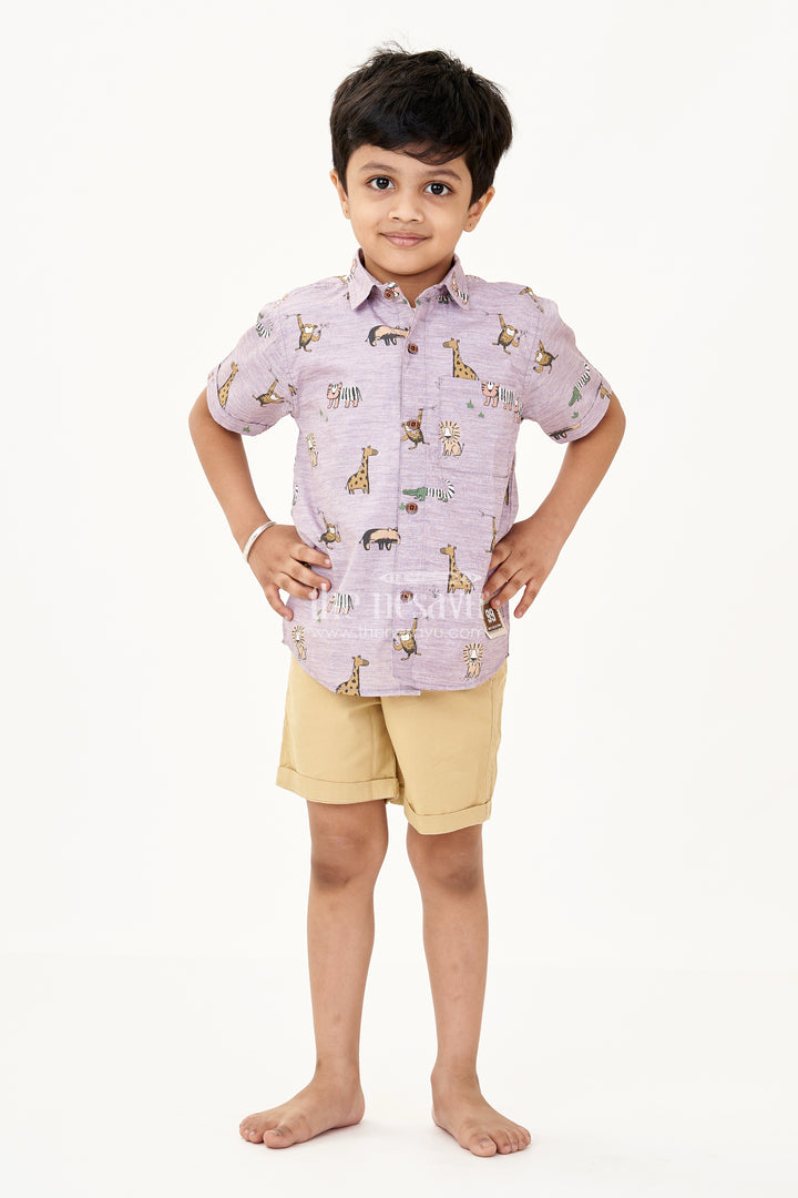 Boys Best Casual Wear Set with Animal Print Shirt White Tee and Mustard Shorts in Cotton
