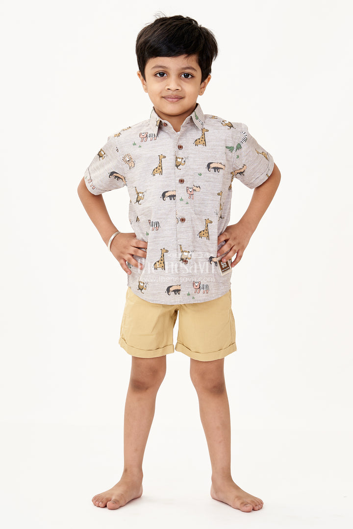 Boys Dresses for Casual Wear with Animal Print Shirt White Graphic Tee and Mustard Shorts