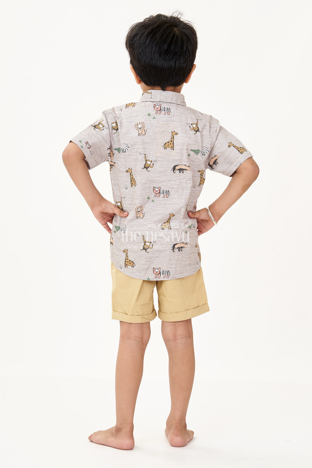 Boys Dresses for Casual Wear with Animal Print Shirt White Graphic Tee and Mustard Shorts