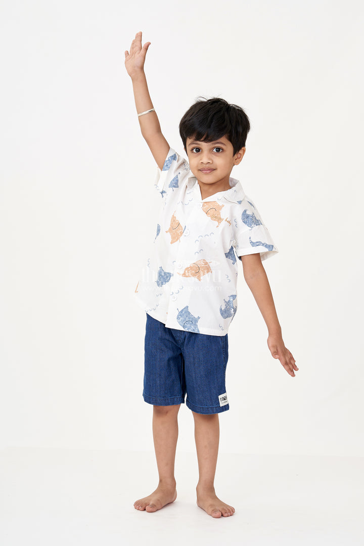 Boys Casual Two Piece Sets with White Animal Print Shirt and Denim Blue Cotton Shorts