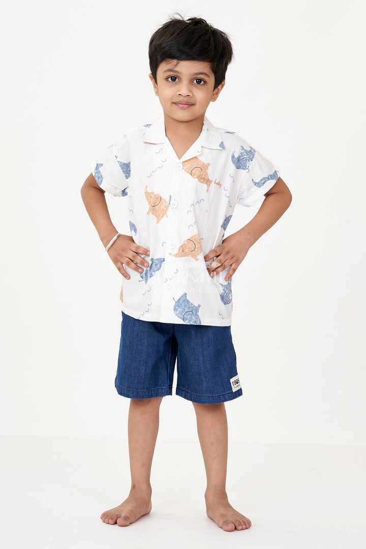 Boys Casual Two Piece Sets with White Animal Print Shirt and Denim Blue Cotton Shorts