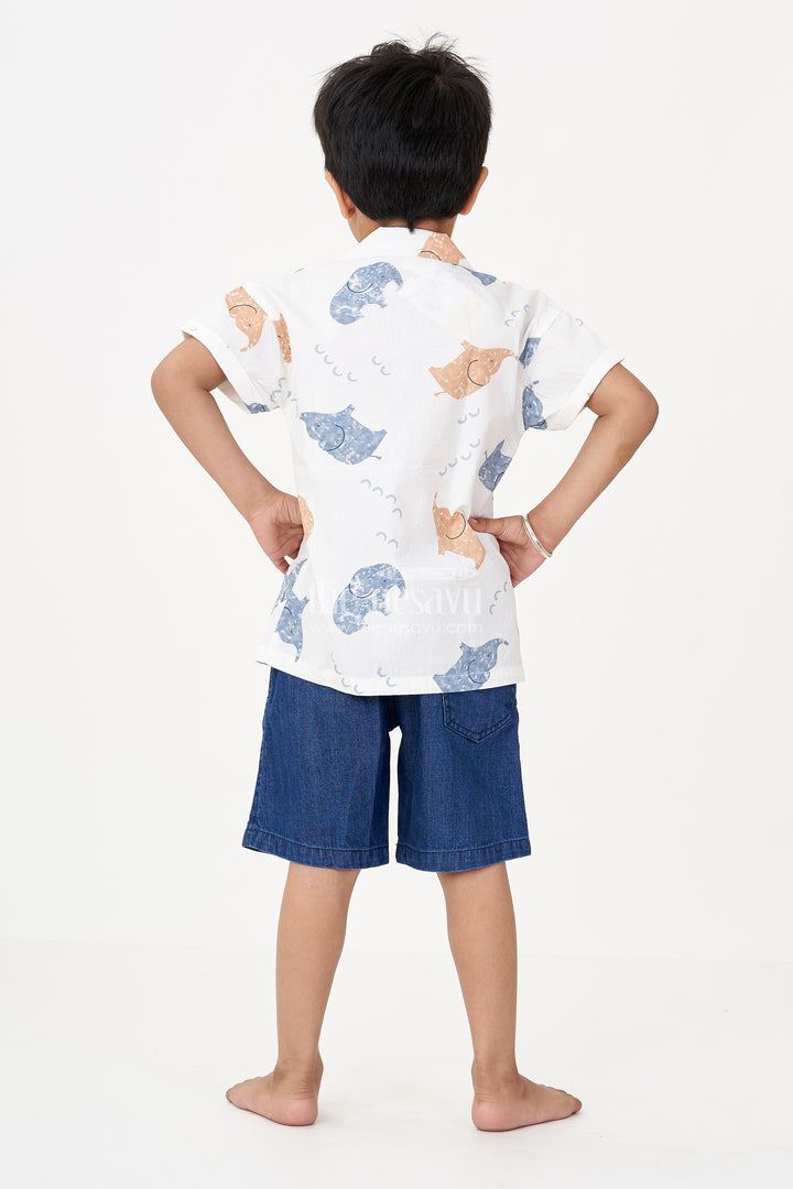 Boys Casual Two Piece Sets with White Animal Print Shirt and Denim Blue Cotton Shorts