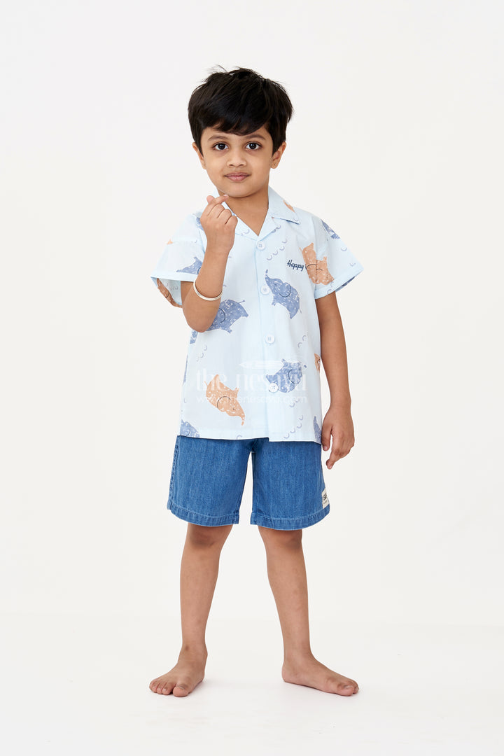 Boys Men’s Casual Two Piece Outfits in Light Blue Animal Printed Shirt with Denim Shorts